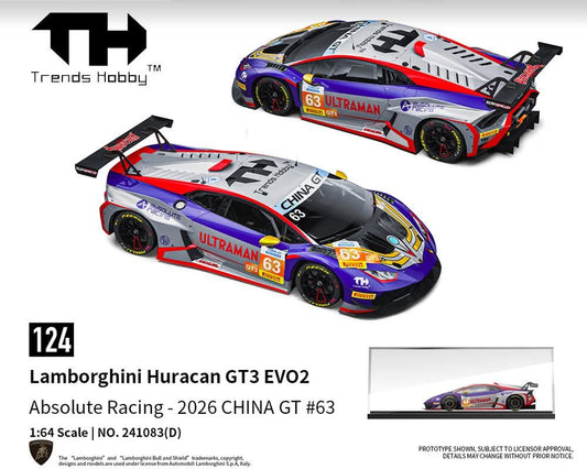 Model of Lamborghini Huracan GT3 EVO2 in vibrant red, purple, and silver. Features racing decals, UltraMan logos, and large rear spoiler.
