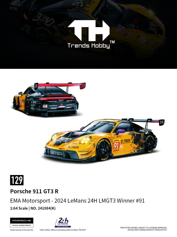 Model car of Porsche 911 GT3 R with EMA Motorsport branding on a white background, featuring Trends Hobby logo.