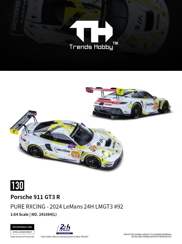 Model car of Porsche 911 GT3 R with Trends Hobby branding on a white background
