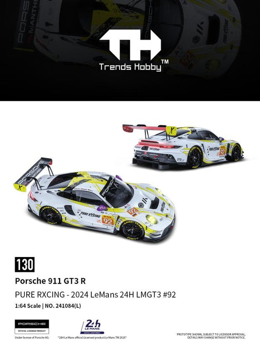 Model car of Porsche 911 GT3 R with Trends Hobby branding on a white background
