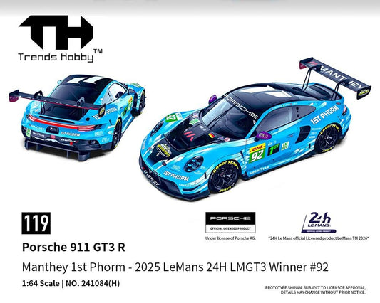 Blue Porsche 911 GT3 R models with racing decals, labeled as 2025 LeMans winner. Text emphasizes 1:64 scale, brand, and licensing details.