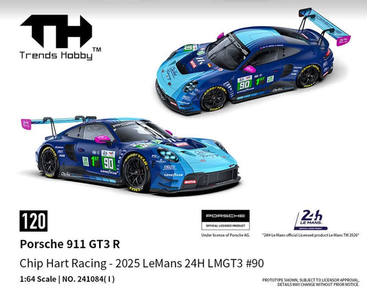 Two blue Porsche 911 GT3 R racing cars with colorful sponsor logos, numbered 90, in the context of 2025 Le Mans 24H LMG3, by Trends Hobby.