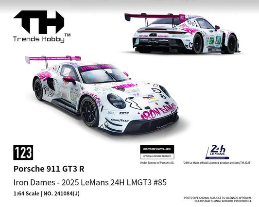 Two views of a Porsche 911 GT3 R model in white with bold pink and black patterns, featuring "Iron Dames." The design looks modern and dynamic, conveying a sense of speed and excitement.