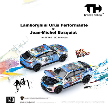 Rear three-quarter view of the 1:64 Trends Hobby Lamborghini Urus Performante x Jean-Michel Basquiat diecast model with the hood opened, showcasing the detailed engine bay. Features the exclusive multicolor Basquiat-inspired graffiti artwork, black wheels, premium body detailing, and officially licensed design