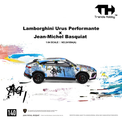 Right side profile of the 1:64 Trends Hobby Lamborghini Urus Performante x Jean-Michel Basquiat diecast model featuring the exclusive blue Basquiat-inspired artwork, black wheels, detailed SUV body, and officially licensed collectible design.