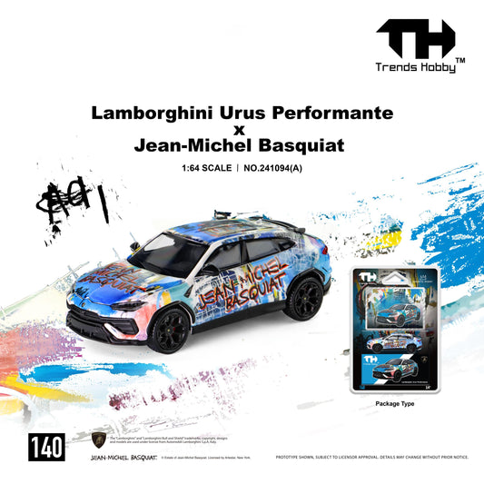 1:64 Trends Hobby Lamborghini Urus Performante x Jean-Michel Basquiat diecast model featuring a multicolor Basquiat-inspired graffiti livery in blue, white, red, and yellow. Officially licensed collectible SUV model with black wheels, detailed bodywork, and premium blister card packaging
