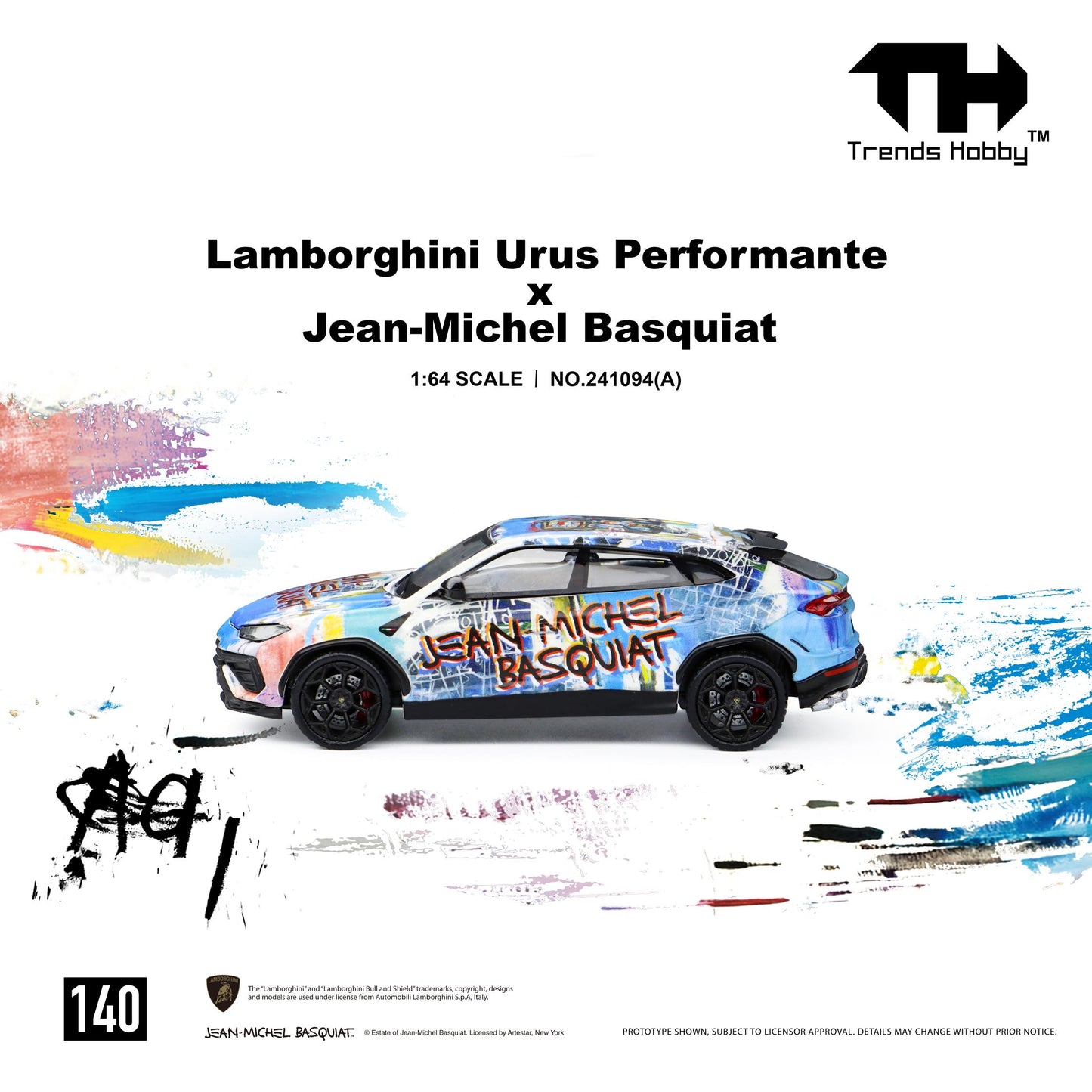 Left side profile of the 1:64 Trends Hobby Lamborghini Urus Performante x Jean-Michel Basquiat diecast model featuring the exclusive multicolor Basquiat-inspired artwork, black wheels, red brake calipers, and officially licensed Lamborghini design