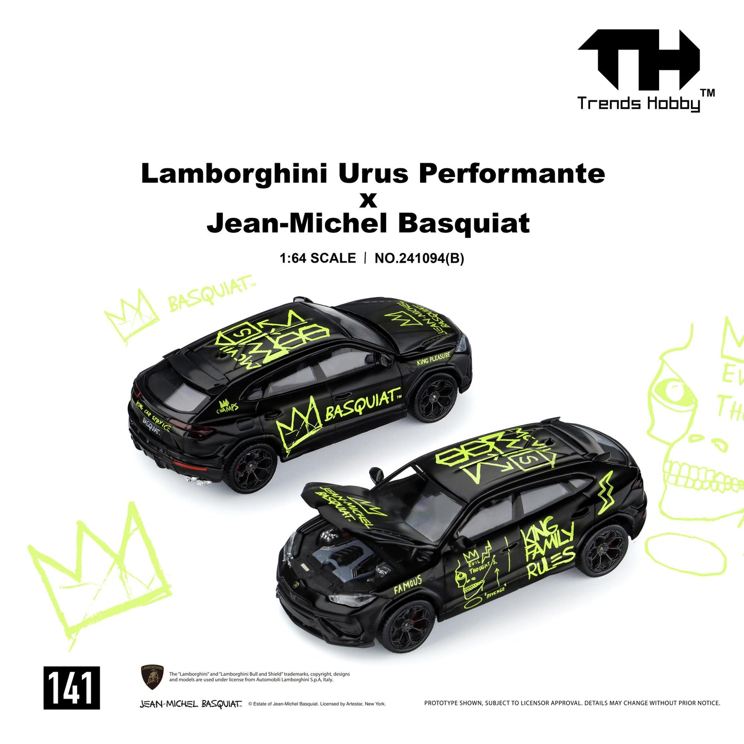 Side profile of a 1:64 scale Lamborghini Urus Performante x Jean-Michel Basquiat diecast model by Trends Hobby. Finished in matte black, the SUV features bold neon green Basquiat-inspired artwork, including the iconic crown logo and large "BASQUIAT" script across the doors, with additional handwritten graphics on the hood and roof. Black multi-spoke wheels with red brake calipers complement the aggressive styling, while the detailed side profile highlights the Urus Performante's sporty body kit and coupe-li