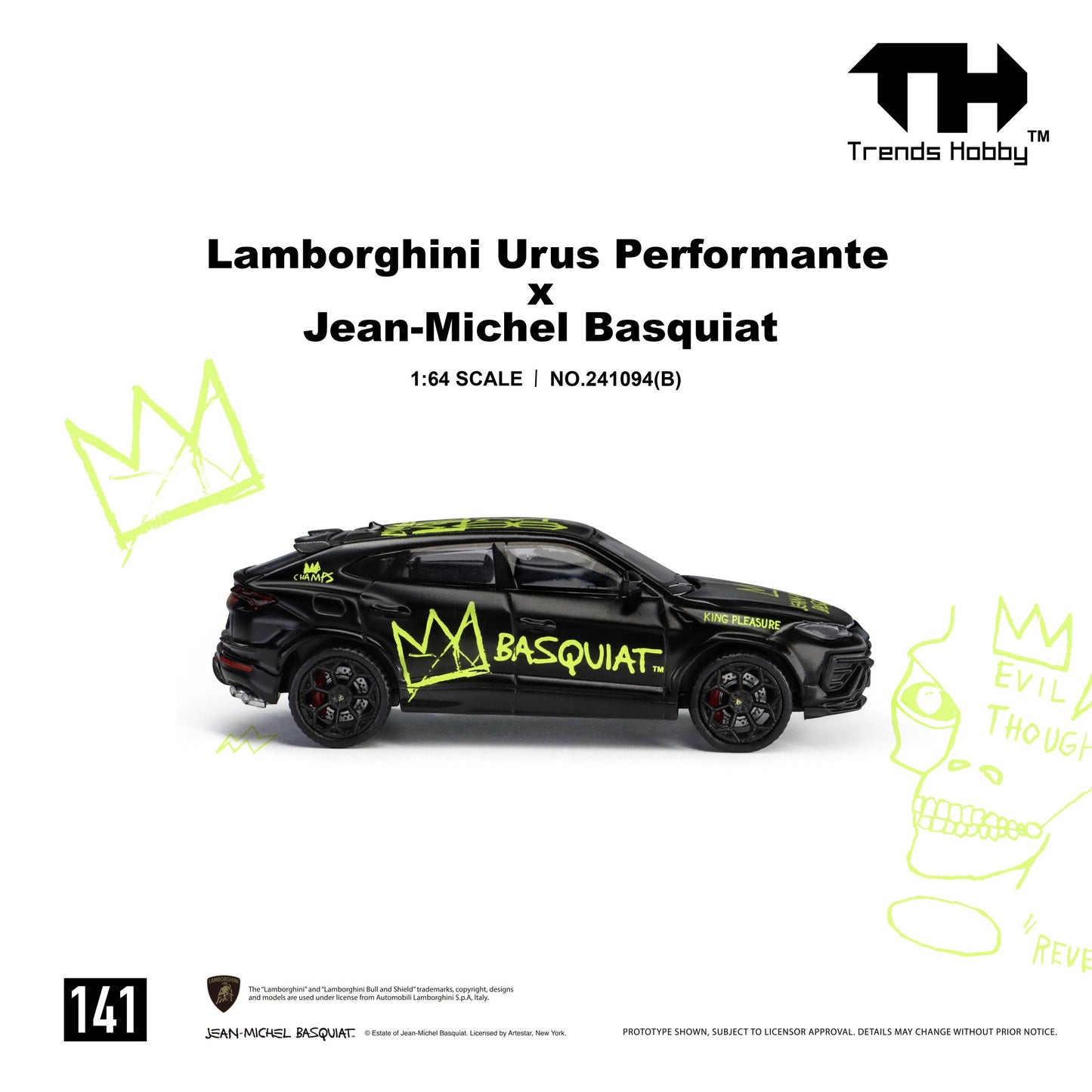 Side profile of a 1:64 scale Lamborghini Urus Performante x Jean-Michel Basquiat diecast model by Trends Hobby. Finished in matte black, the SUV features bold neon green Basquiat-inspired artwork, including the iconic crown logo and large "BASQUIAT" script across the doors, with additional handwritten graphics on the hood and roof. Black multi-spoke wheels with red brake calipers complement the aggressive styling, while the detailed side profile highlights the Urus Performante's sporty body kit and coupe-li
