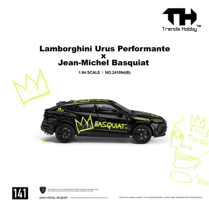 Side profile of a 1:64 scale Lamborghini Urus Performante x Jean-Michel Basquiat diecast model by Trends Hobby. Finished in matte black, the SUV features bold neon green Basquiat-inspired artwork, including the iconic crown logo and large "BASQUIAT" script across the doors, with additional handwritten graphics on the hood and roof. Black multi-spoke wheels with red brake calipers complement the aggressive styling, while the detailed side profile highlights the Urus Performante's sporty body kit and coupe-li