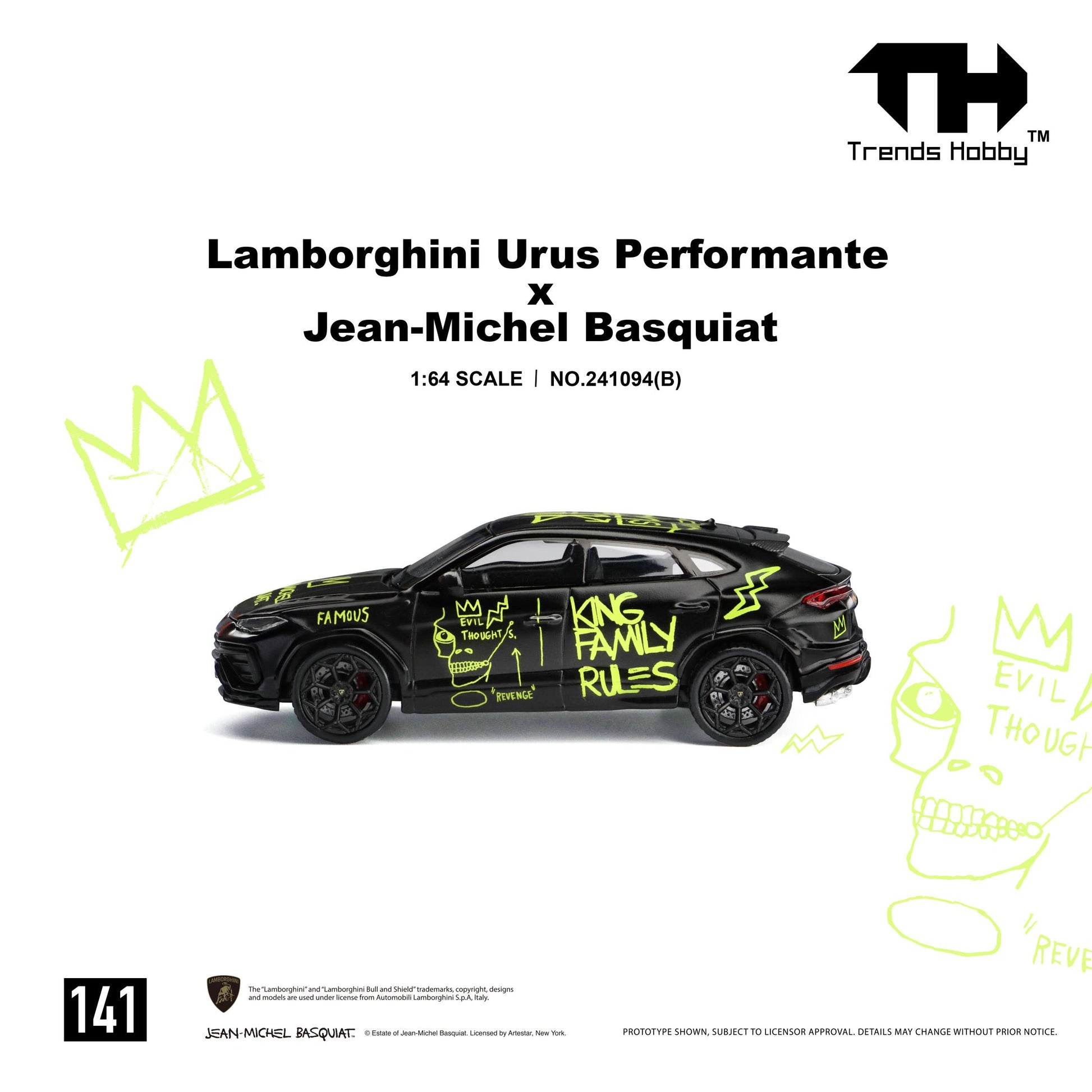 Left side profile of the 1:64 Trends Hobby Lamborghini Urus Performante x Jean-Michel Basquiat diecast model in matte black with neon green Basquiat artwork. Features hand-drawn skull graphics, "KING FAMILY RULES" lettering, black wheels with red brake calipers, and an officially licensed collectible SUV model.