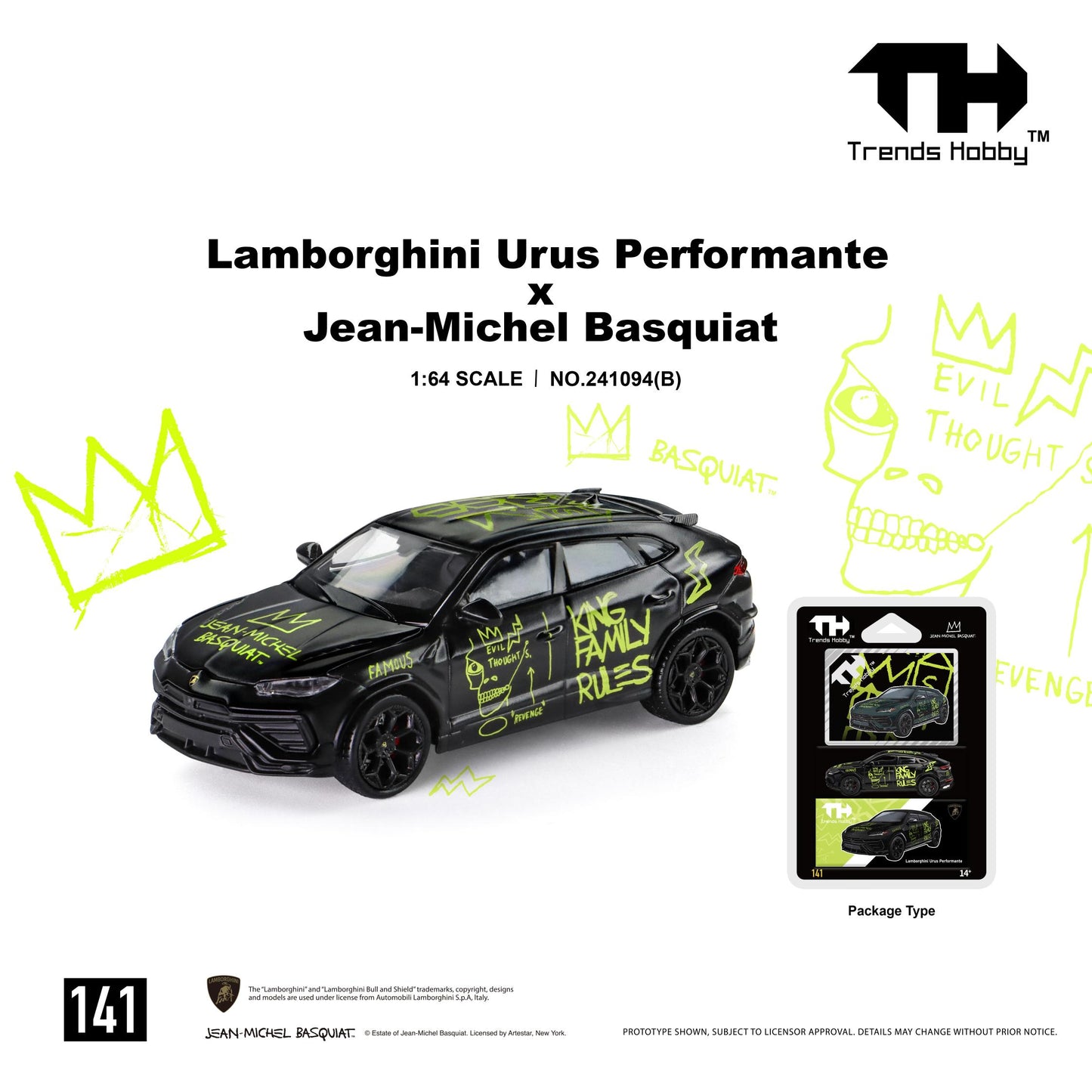 1:64 scale Lamborghini Urus Performante x Jean-Michel Basquiat diecast model by Trends Hobby, finished in matte black with striking neon green Basquiat-inspired graffiti artwork. Features black multi-spoke wheels, detailed SUV body styling, custom graphics including the iconic Basquiat crown, skull illustration, and handwritten artwork across the body. Displayed in collectible blister-card packaging, making it a unique art-inspired collectible for Lamborghini, Basquiat, and diecast model enthusiasts