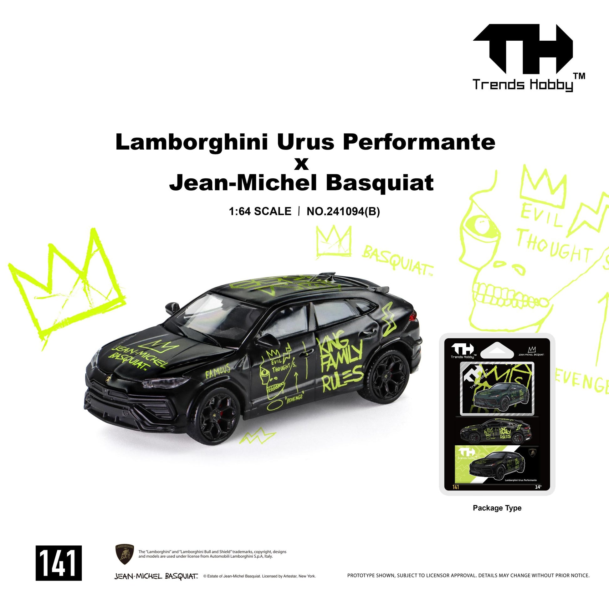 1:64 scale Lamborghini Urus Performante x Jean-Michel Basquiat diecast model by Trends Hobby, finished in matte black with striking neon green Basquiat-inspired graffiti artwork. Features black multi-spoke wheels, detailed SUV body styling, custom graphics including the iconic Basquiat crown, skull illustration, and handwritten artwork across the body. Displayed in collectible blister-card packaging, making it a unique art-inspired collectible for Lamborghini, Basquiat, and diecast model enthusiasts