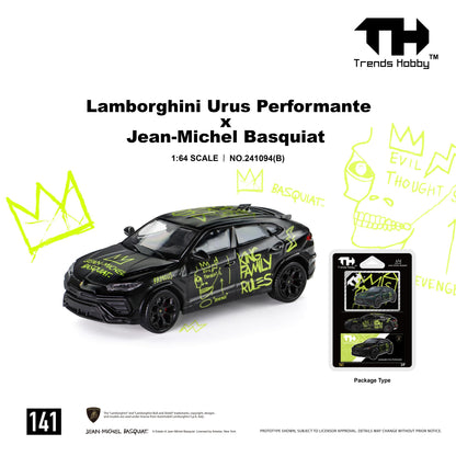 1:64 scale Lamborghini Urus Performante x Jean-Michel Basquiat diecast model by Trends Hobby, finished in matte black with striking neon green Basquiat-inspired graffiti artwork. Features black multi-spoke wheels, detailed SUV body styling, custom graphics including the iconic Basquiat crown, skull illustration, and handwritten artwork across the body. Displayed in collectible blister-card packaging, making it a unique art-inspired collectible for Lamborghini, Basquiat, and diecast model enthusiasts