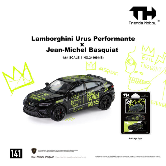 1:64 scale Lamborghini Urus Performante x Jean-Michel Basquiat diecast model by Trends Hobby, finished in matte black with striking neon green Basquiat-inspired graffiti artwork. Features black multi-spoke wheels, detailed SUV body styling, custom graphics including the iconic Basquiat crown, skull illustration, and handwritten artwork across the body. Displayed in collectible blister-card packaging, making it a unique art-inspired collectible for Lamborghini, Basquiat, and diecast model enthusiasts