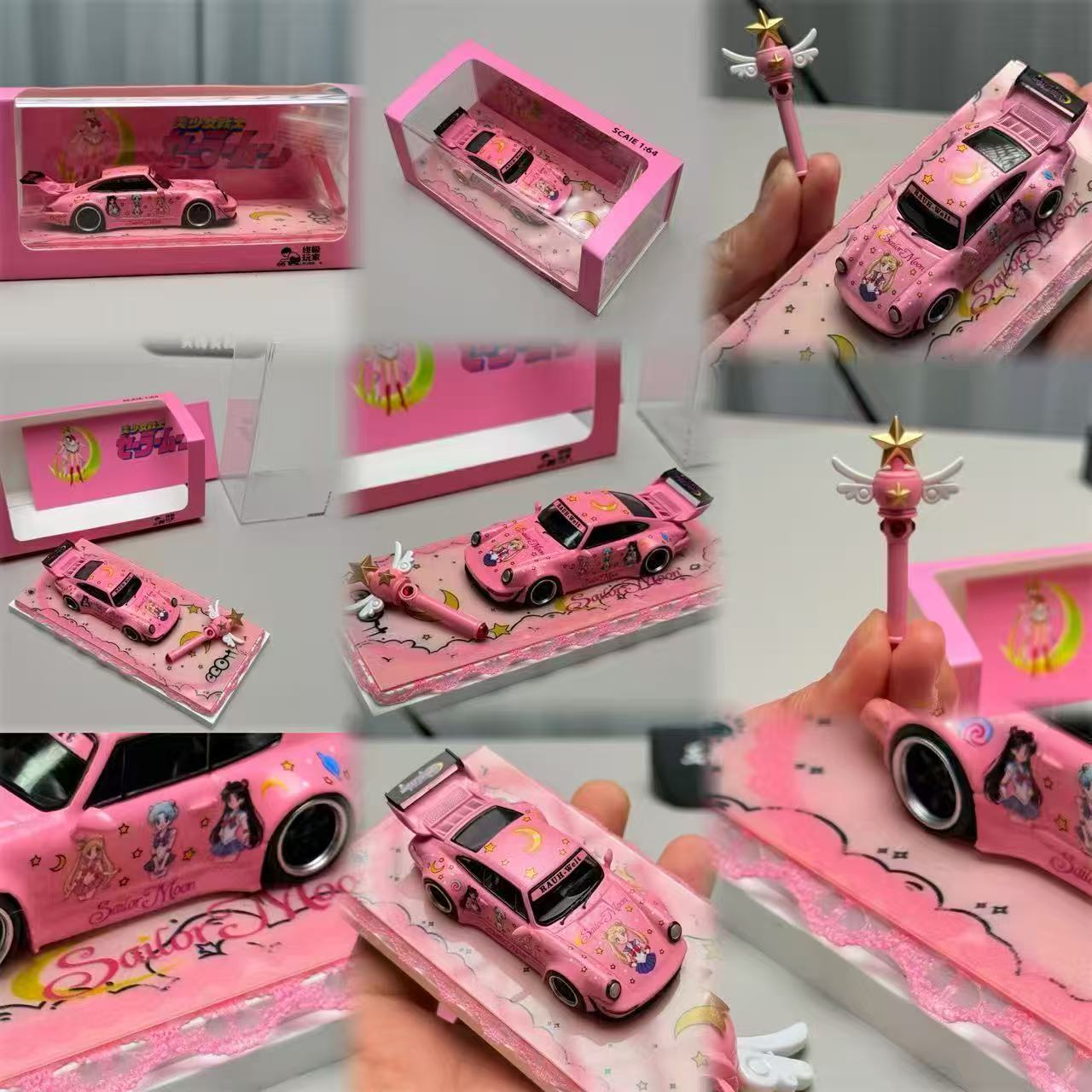 Collage of pink toy car with decorative elements and packaging on a gray surface.