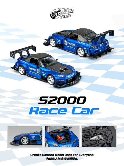 S2000 Model race car kit with blue and black design on a checkered background, featuring the brand 'Micro Turbo'.
