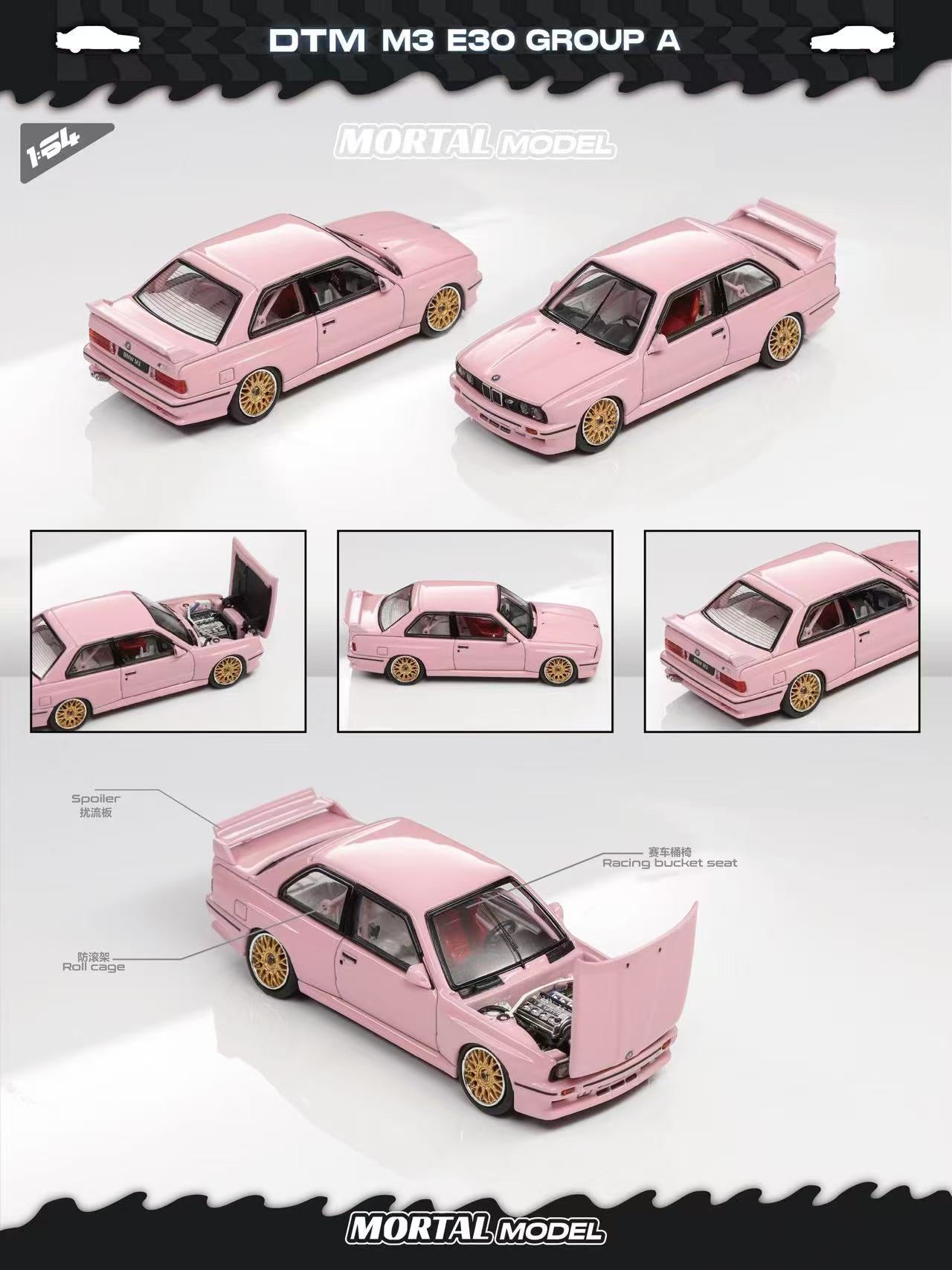 Pink model car with multiple views and features highlighted on a white background