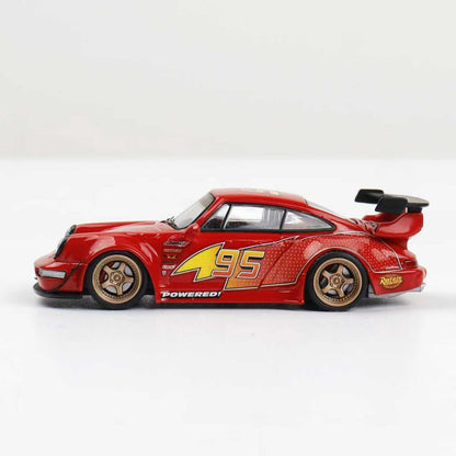 Red toy car with yellow number 495 on a white background