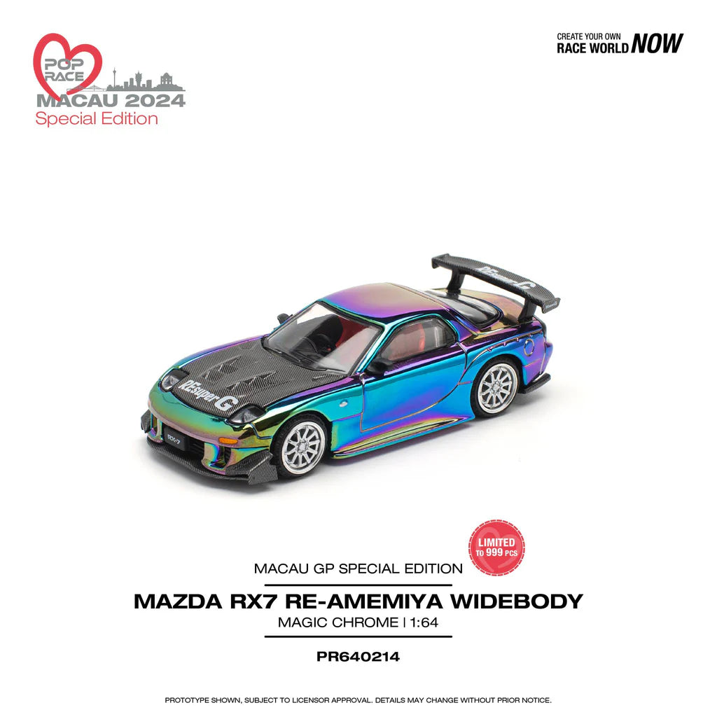 Pop Race 1:64 Mazda RX7 RE-Amemiya Widebody Magic Chrome Macau GP 2024 Exclusive Edition PR640214