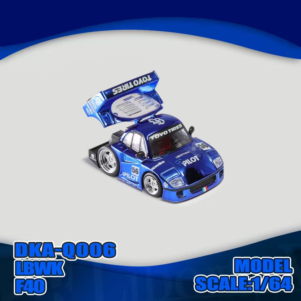 Blue toy car model with 'Toyo Tires' branding on a white and blue gradient background.