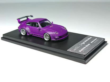 Purple model car on a black display stand with a white background