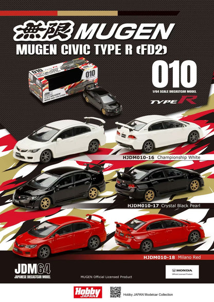 Model car kit packaging for Mugen Civic Type R with multiple color options on a black background.