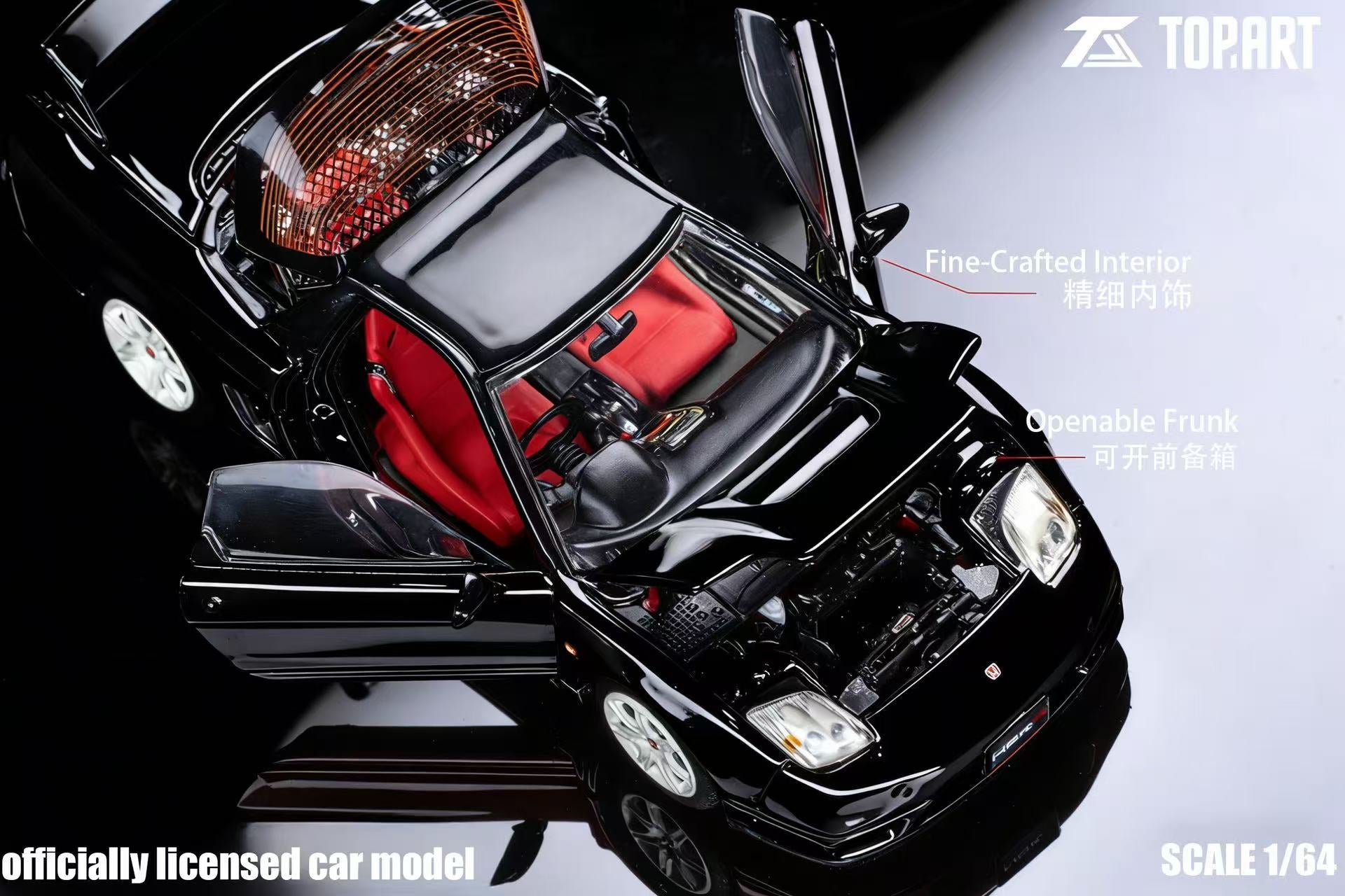 Black car model with open hood on a reflective surface, featuring Topart branding.