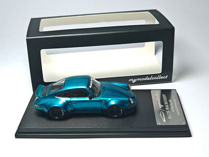 Blue model car on a black display stand with 'mymodelcollect' branding in the background.