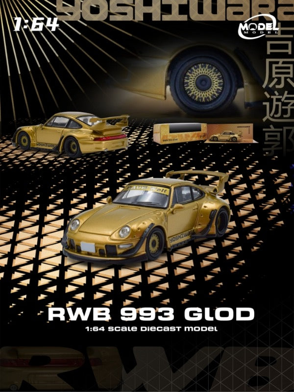 Gold model car with 'RWB 993 GLD' text on a dark background