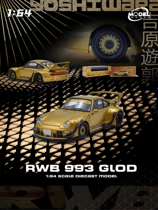 Gold model car with 'RWB 993 GLD' text on a dark background