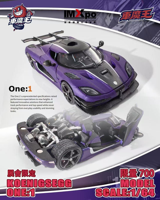 Purple Koenigsegg One:1 model car with open chassis on a white background