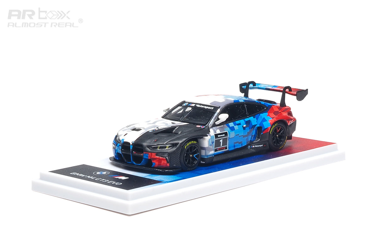 AR Box 1:64 BMW M4 GT3 EVO #1 BMW M Motorsport Racing Livery Diecast Model Car with Blue Red White Camouflage Graphics, Carbon Fiber Hood, Black Wheels and Rear Wing