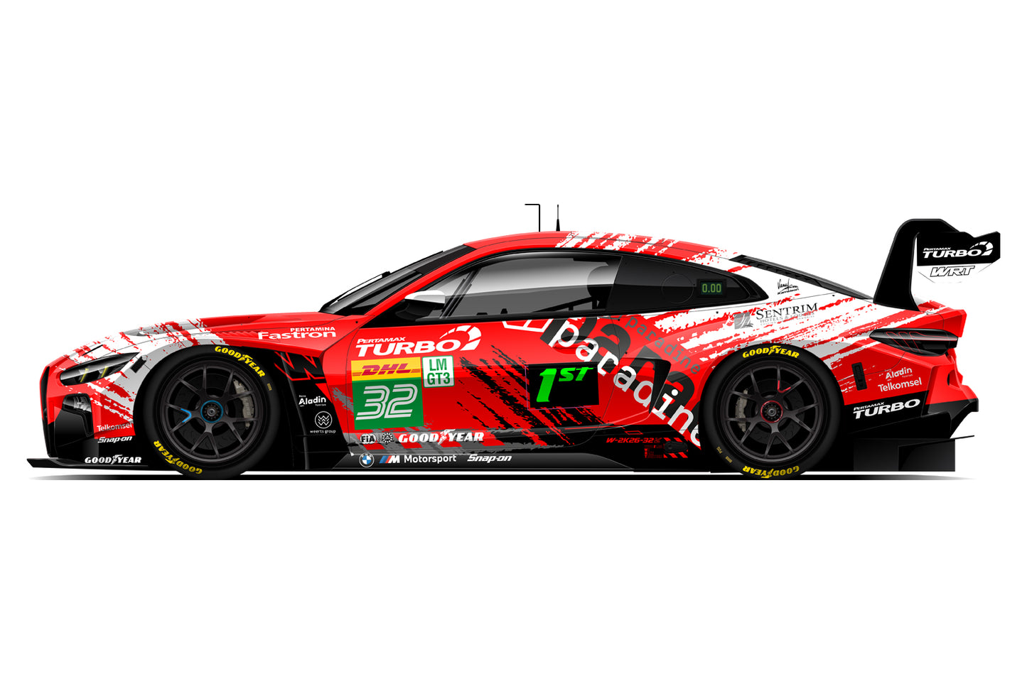 A red and white racing car shown in a clean side profile on a white background, with multiple sponsor logos including Turbo3, Goodwrench, and Castore visible on the vehicle.