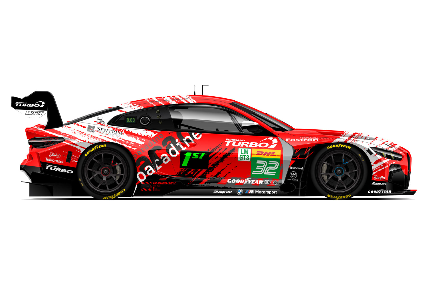 A side-profile view of a red and black racing car with white graphic decals, sponsor logos, and the word 'paradine' on the side, shown on a plain white background.
