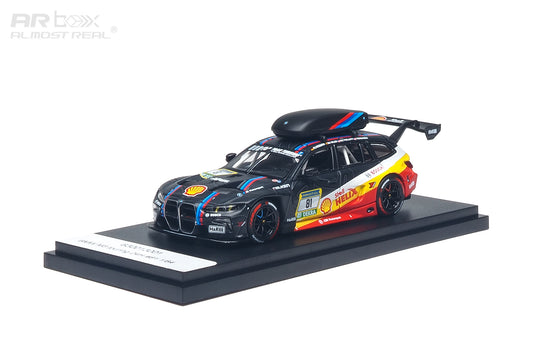 Almost Real AR Box 1:64 BMW M4 GT3 Touring #81 Shell Helix racing livery diecast model featuring black carbon-style bodywork, red and yellow accents, BMW M stripes, roof cargo box, large rear wing, detailed racing wheels and black display base.