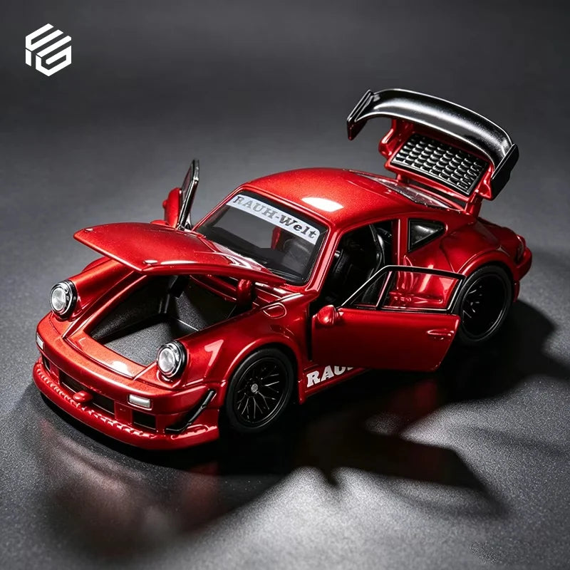 Red model car with open doors on a dark background