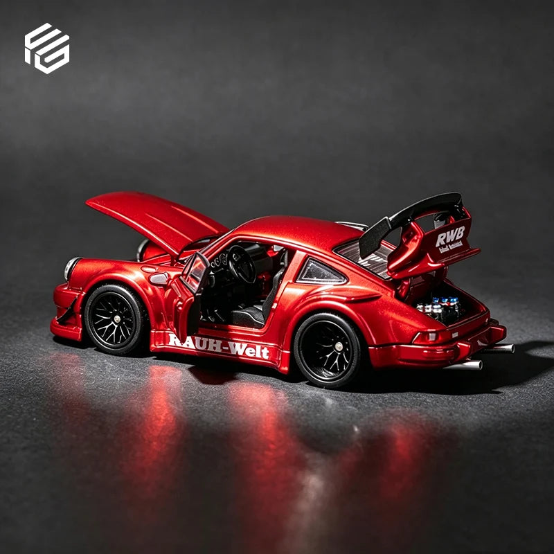 Red model car with open doors on a dark background
