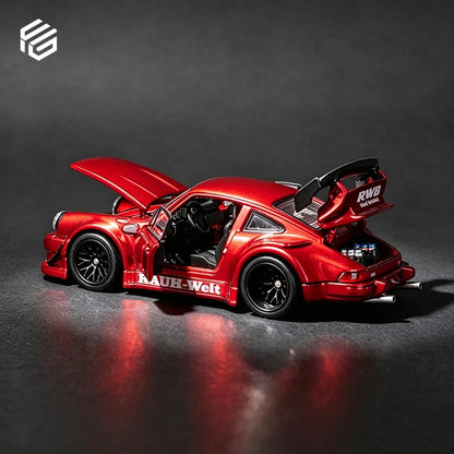 Red model car with open doors on a dark background