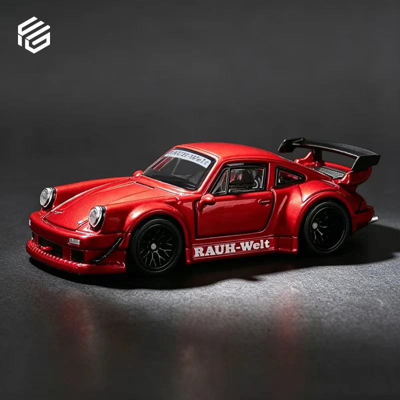 Red model car with 'RAUH-Welt' branding on a dark background