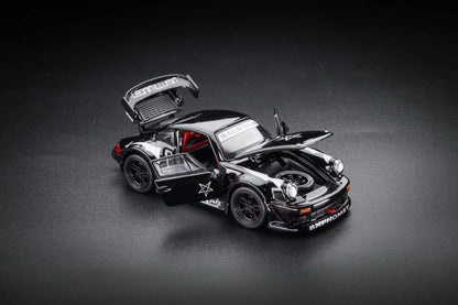A black die-cast model car with its doors and trunk open, displayed on a dark gray studio background. The car features white text decals, including 'MUTUAL' on the trunk lid and 'DISCIPLINED' on the front bumper, along with a white star graphic on the side.