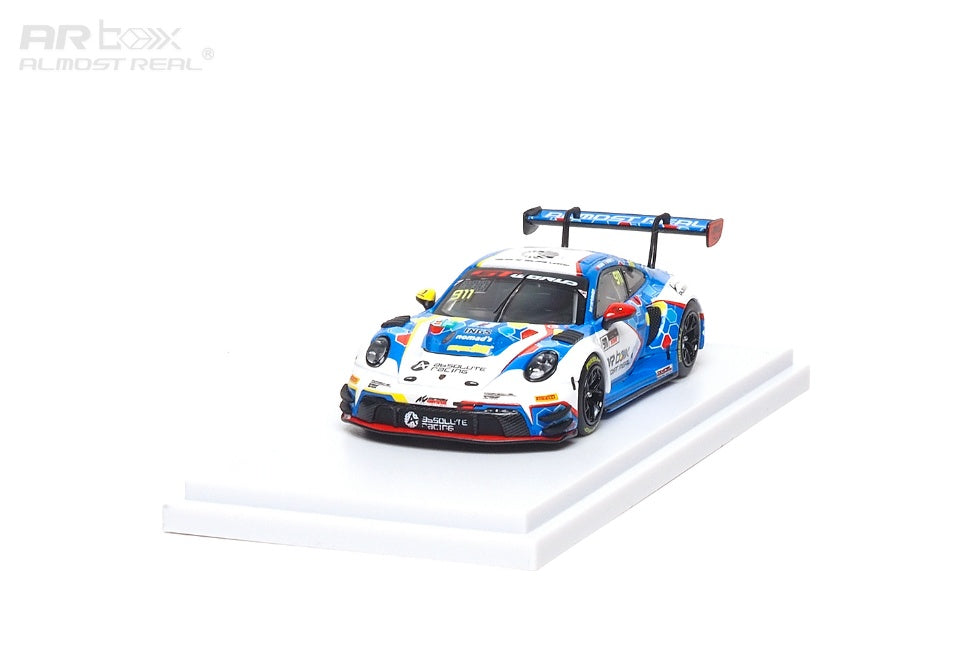 Porsche 911  model race car on a white platform with a white background