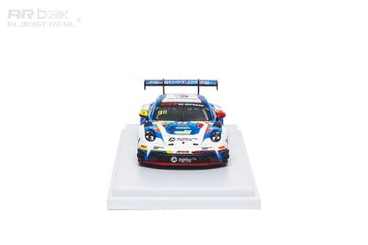 Porsche 911  model race car on a white platform with a white background