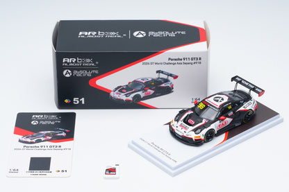 A 1:64 scale model car of the 2024 Porsche 911 GT3 R, shown with its display stand, instruction card, and original packaging box on a clean white background.