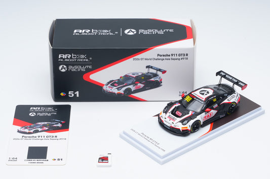 A 1:64 scale model car of the 2024 Porsche 911 GT3 R, shown with its display stand, instruction card, and original packaging box on a clean white background.