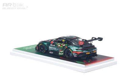 AR BOX Almost Real Porsche 911 GT3 R #911 2026 GT World Challenge Asia Mandalika Test Car 1:64 diecast model rear three-quarter view with display base