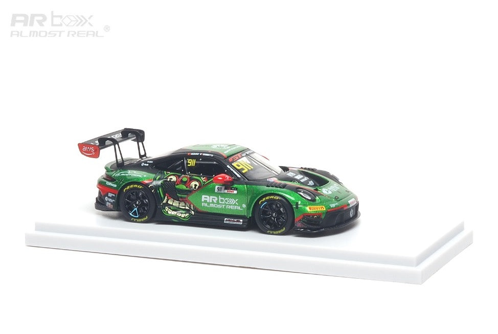 Model car on a white stand with a white background