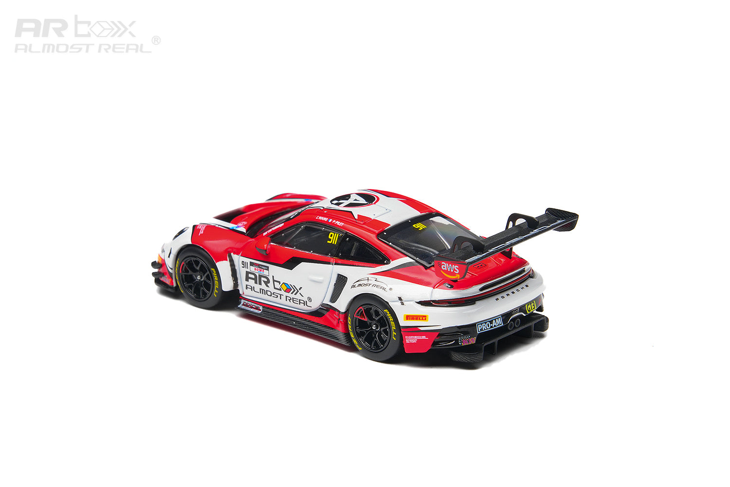 A 1:64 scale model Porsche 911 GT3 Racing car by ARBOX, featuring a red, white, and black livery with sponsor decals, shown from a three-quarters rear angle on a white background.