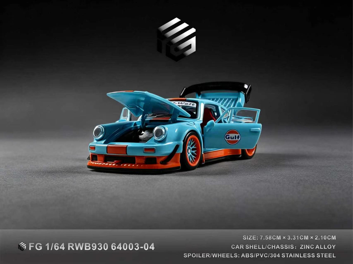 A 1/64 scale model of a Gulf Racing RWB930 race car, featuring a light blue body, orange accents, and an open hood, displayed on a dark gray studio background with a brand logo above and product specifications at the bottom.