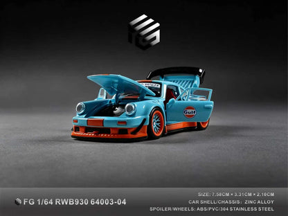 A 1/64 scale model of a Gulf Racing RWB930 race car, featuring a light blue body, orange accents, and an open hood, displayed on a dark gray studio background with a brand logo above and product specifications at the bottom.